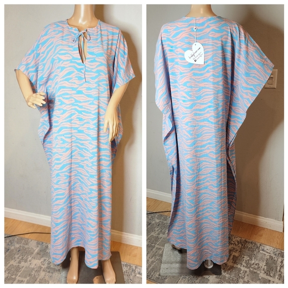 NWT BuddyLove Caftan Maxi Dress Flowy Blue Peach Coral Size S/M - Picture 7 of 16